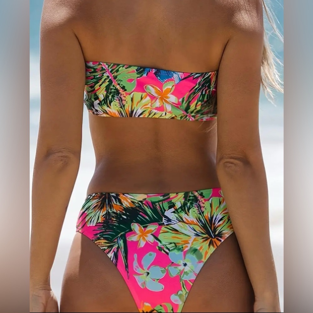 Tropical Floral Print Bandeau High Waist Bikini Set - Picture 4 of 5